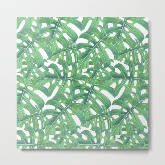 Green monstera tropical leaves pattern on white background Metal Print