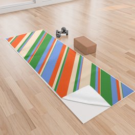 [ Thumbnail: Bisque, Red, Cornflower Blue & Forest Green Colored Stripes/Lines Pattern Yoga Towel ]
