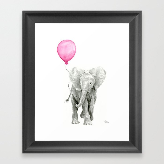 Baby Elephant with Pink Balloon Framed Art Print