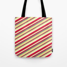 [ Thumbnail: Gray, Tan, Light Yellow & Crimson Colored Lines Pattern Tote Bag ]