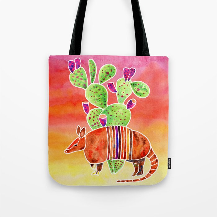 Armadillo and Cactus - Sunset Ombre Background Tote Bag