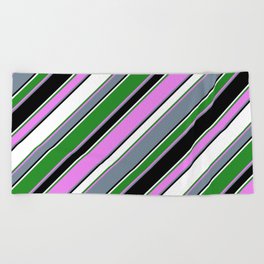 [ Thumbnail: Eye-catching Forest Green, Violet, Light Slate Gray, Black & White Colored Striped/Lined Pattern Beach Towel ]