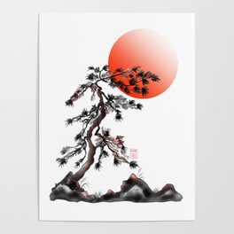 Red rising sun with sumie fir trees Poster