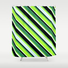 [ Thumbnail: Sea Green, Light Green, Light Cyan & Black Colored Stripes/Lines Pattern Shower Curtain ]