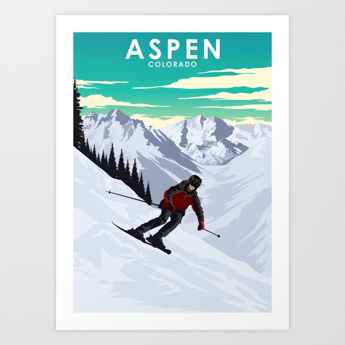 Aspen Colorado Vintage Skiing Winter Snow TraveL Poster Art Print