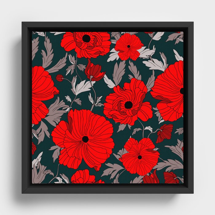 Red poppies on a dark background Framed Canvas
