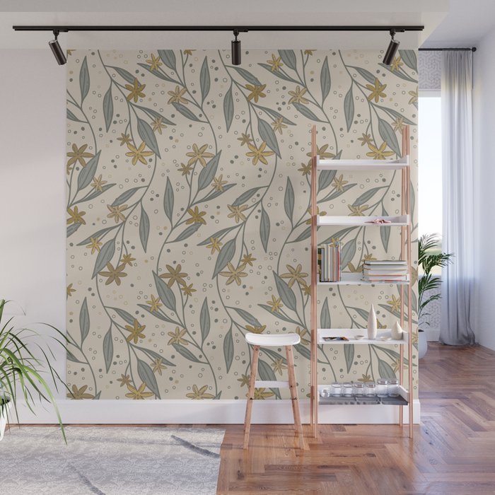 Yellow flower swirls on tan background Wall Mural