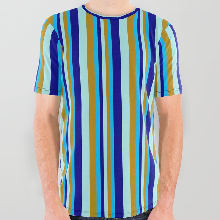 Deep Sky Blue, Dark Goldenrod, Turquoise & Dark Blue Colored Striped/Lined Pattern All Over Graphic Tee