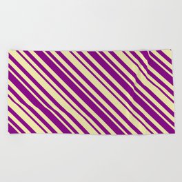 [ Thumbnail: Pale Goldenrod and Purple Colored Lined Pattern Beach Towel ]
