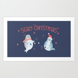Sealy Christmas Cute Seals in Christmas Hat and Scarf with Twinkle Lights Art Print