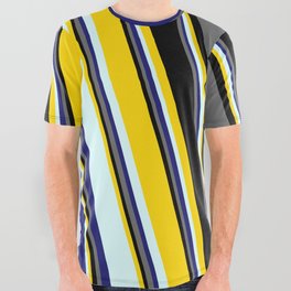 [ Thumbnail: Yellow, Light Cyan, Midnight Blue, Dim Grey & Black Colored Striped Pattern All Over Graphic Tee ]