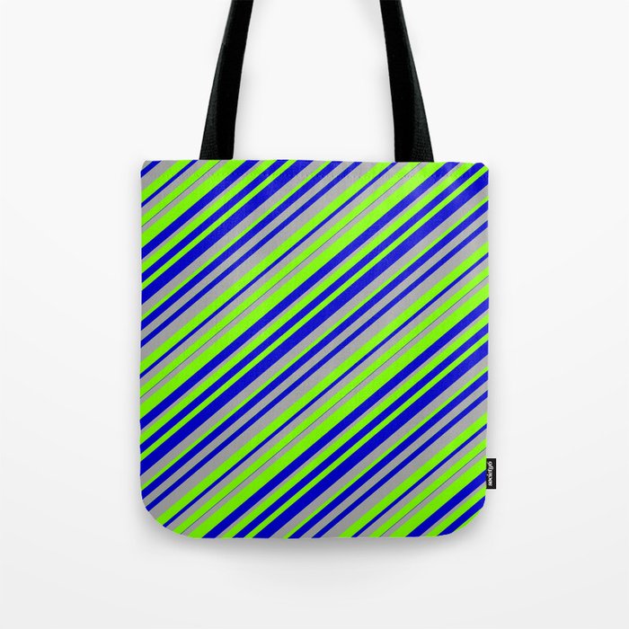 Chartreuse, Blue, and Dark Gray Colored Lined Pattern Tote Bag
