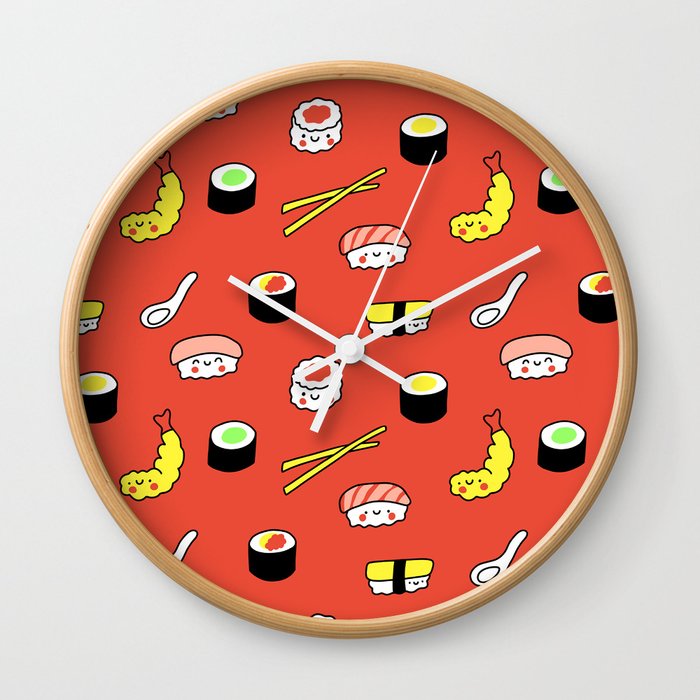 Kawaii Sushi Pattern (red) Wall Clock