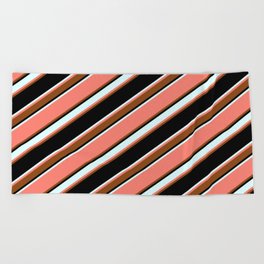 [ Thumbnail: Salmon, Brown, Black & Light Cyan Colored Pattern of Stripes Beach Towel ]