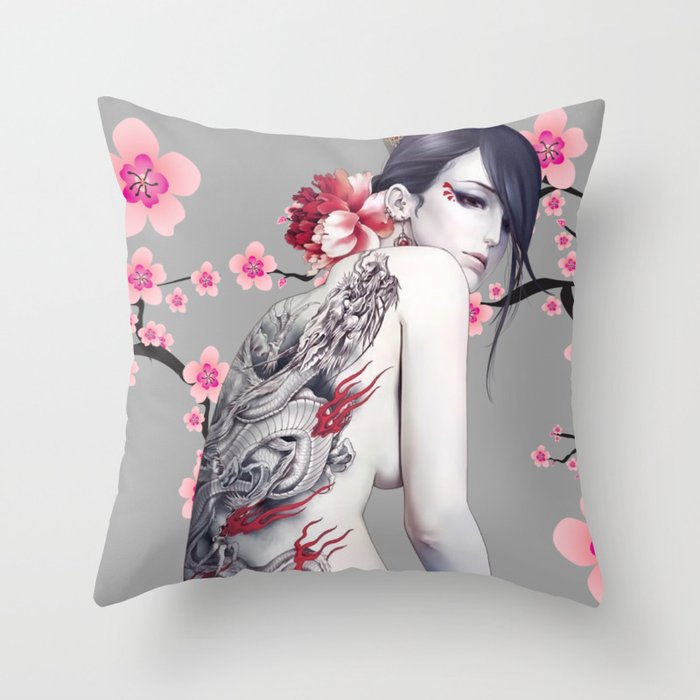 Classic style Asian female with a dragon tattoo and flowers on her back. Throw Pillow