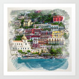 Positano Watercolor Style Print, Amalfi Coast, Italy Wall Art, Wall Decor Art Print