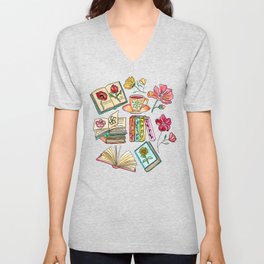 Blooms and Books on Blue V Neck T Shirt