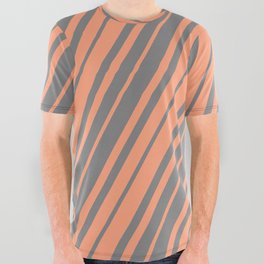 [ Thumbnail: Gray & Light Salmon Colored Lined/Striped Pattern All Over Graphic Tee ]