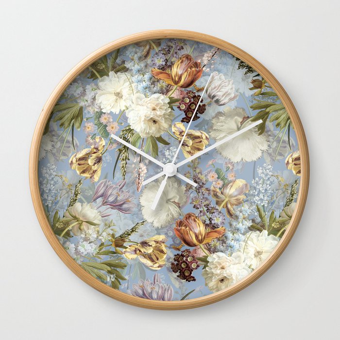 Antique Botanical Pastel Blue Baroque Spring Flowers Garden Wall Clock