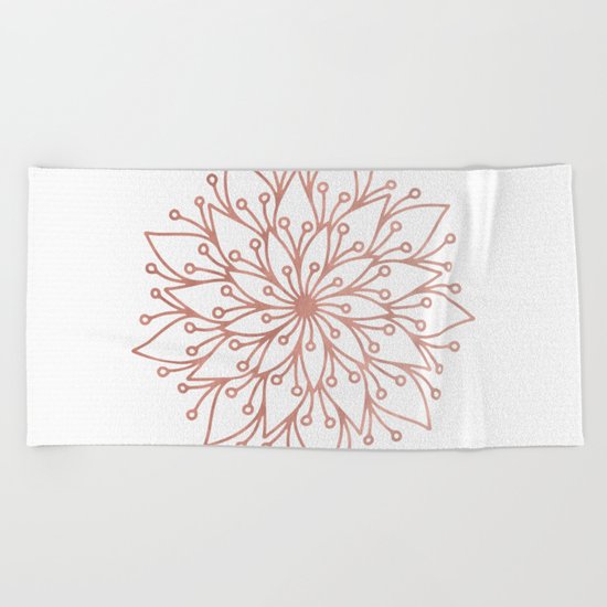 Mandala Blooming Rose Gold on White Beach Towel