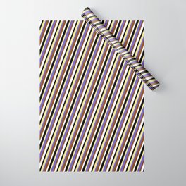 [ Thumbnail: Vibrant Tan, Slate Blue, Brown, White & Black Colored Lines Pattern Wrapping Paper ]