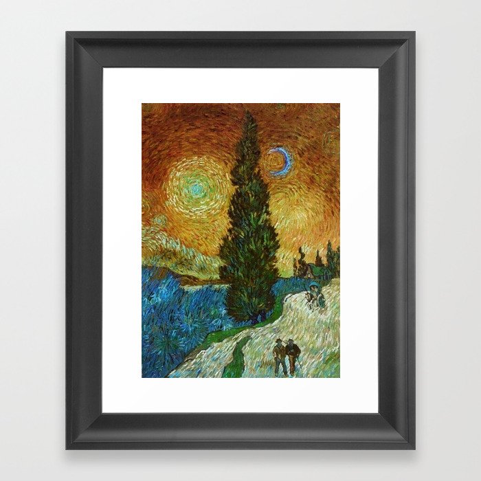 Road with Cypress and Star; Country Road in Provence by Night, oil-on-canvas post-impressionist landscape painting by Vincent van Gogh in alternate gold twilight sky Framed Art Print