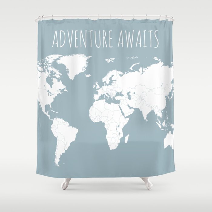 Adventure Awaits World Map In Slate Blue Shower Curtain By Paperplaneprints Society6 - Slate Blue Shower Curtain