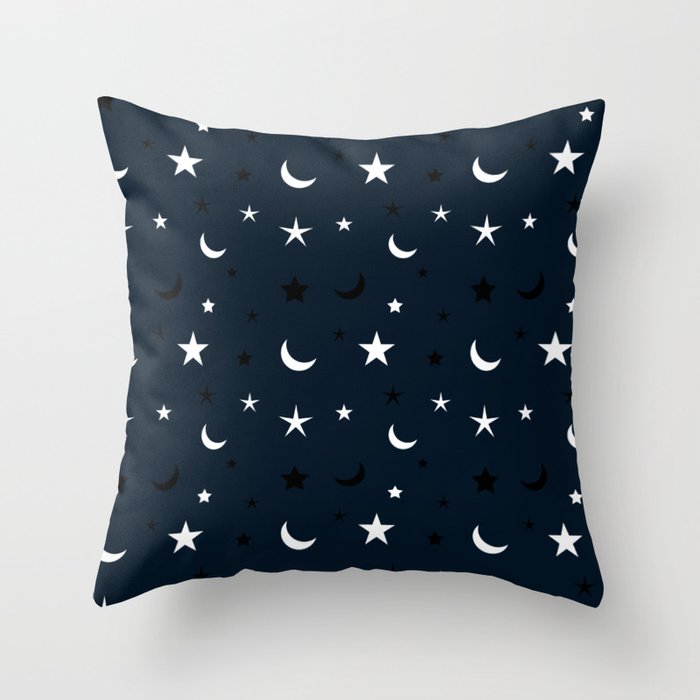 Navy blue background with black and white moon and star pattern Throw Pillow