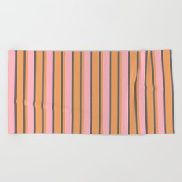 [ Thumbnail: Dim Grey, Brown & Light Pink Colored Stripes Pattern Beach Towel ]