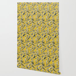 dog party indigo yellow Wallpaper