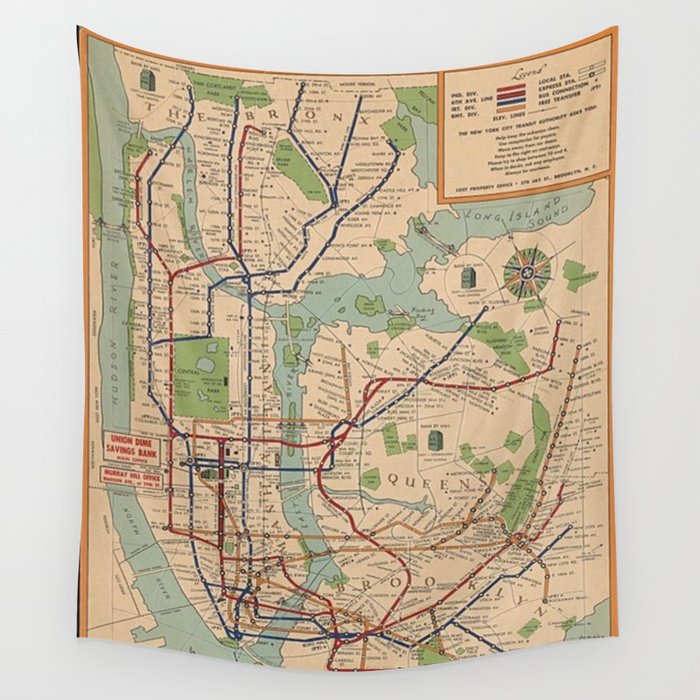 New York City Metro Subway System Map 1954 Wall Tapestry