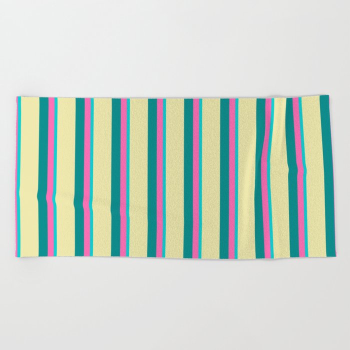 Dark Turquoise, Hot Pink, Dark Cyan & Pale Goldenrod Colored Lined Pattern Beach Towel