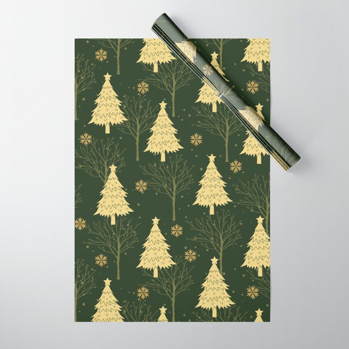 Gold and Green Christmas Tree Snowflake Pattern Wrapping Paper by
