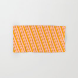 [ Thumbnail: Light Pink and Orange Colored Lined Pattern Hand & Bath Towel ]
