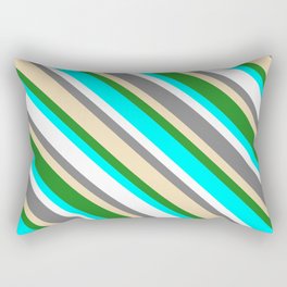 [ Thumbnail: Colorful Grey, Tan, Forest Green, Aqua & White Colored Pattern of Stripes Rectangular Pillow ]