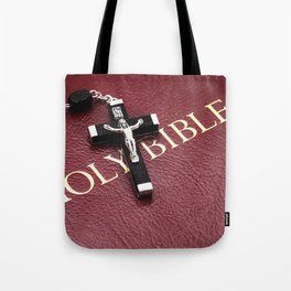 Holy Bible with crucifix on wooden table Tote Bag | Hope, Crucifix, Praying, Catholicism, Chain Object, Congregation, Rosarybeads, Bible, Religiouscross, Jesuschrist 