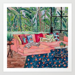 Napping Brown Tabby Cat on Pink Couch with Jungle Background Painting After Matisse Art Print