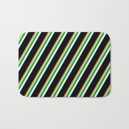 [ Thumbnail: Red, Green, Forest Green, Light Cyan, and Black Colored Stripes/Lines Pattern Bath Mat ]
