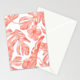 Tropical Hibiscus and Palm Leaves Dark Coral White Stationery Card