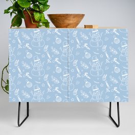 Pale Blue and White Christmas Snowman Doodle Pattern Credenza