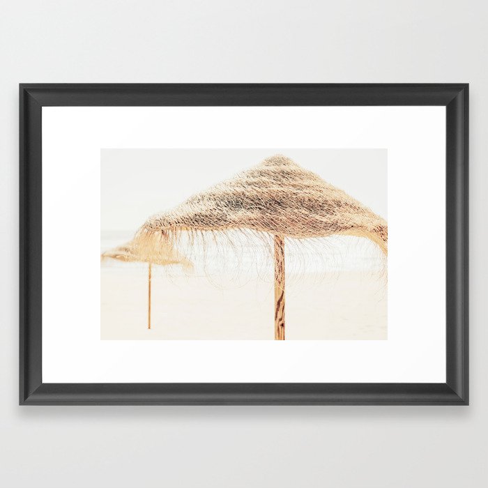 Beach Dreams III - straw beach umbrellas photography by Ingrid Beddoes Framed Art Print