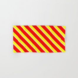 [ Thumbnail: Yellow, Bisque, Red & Gray Colored Striped/Lined Pattern Hand & Bath Towel ]