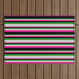 [ Thumbnail: Forest Green, Light Gray, Deep Pink, and Black Colored Stripes Pattern Outdoor Rug ]