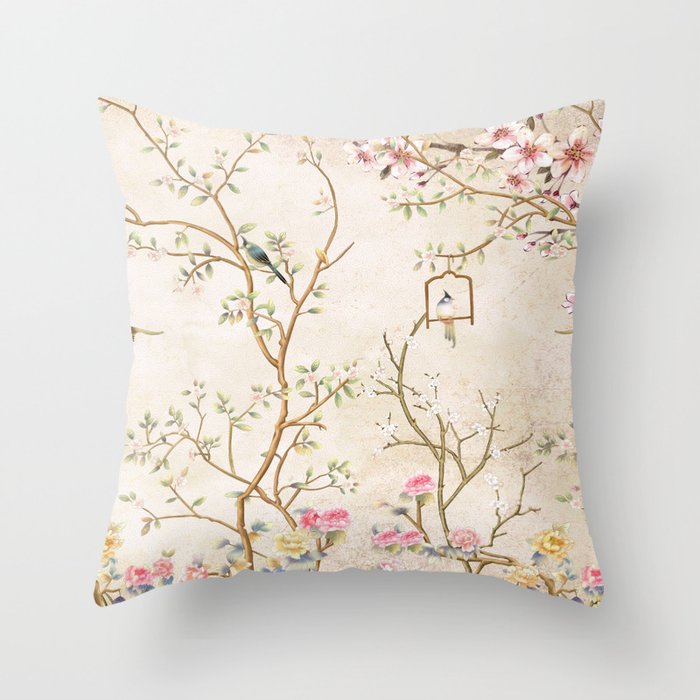 Chinoiserie Cherry Blossom Bird Garden Fresco Throw Pillow