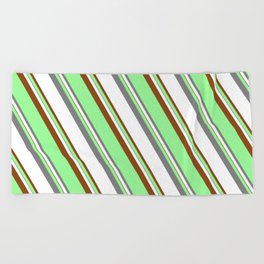 [ Thumbnail: Green, Grey, White, and Brown Colored Lined/Striped Pattern Beach Towel ]