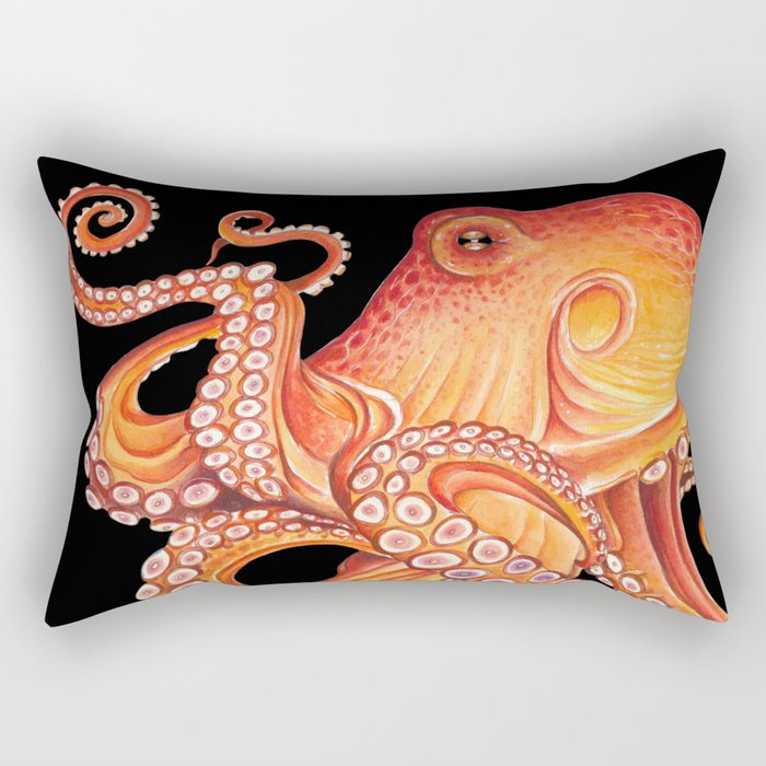 Red Orange Octopus Tentacles Kraken on Black Watercolor Art Rectangular Pillow