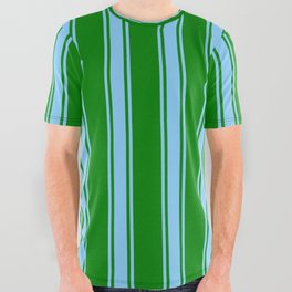 [ Thumbnail: Green and Light Sky Blue Colored Striped Pattern All Over Graphic Tee ]