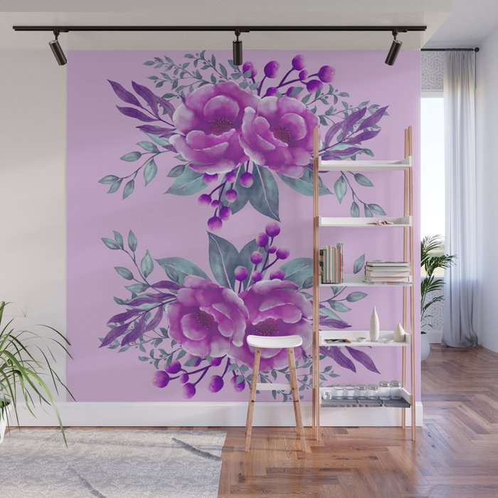 Purple Watercolor Flower Bouquet Wall Mural