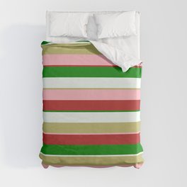 [ Thumbnail: Colorful Dark Khaki, Light Pink, Red, Green, and Mint Cream Colored Lines/Stripes Pattern Duvet Cover ]