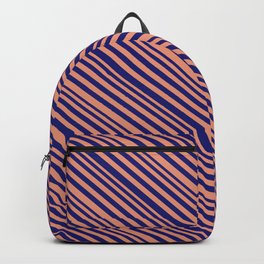 [ Thumbnail: Dark Salmon & Midnight Blue Colored Lines Pattern Backpack ]